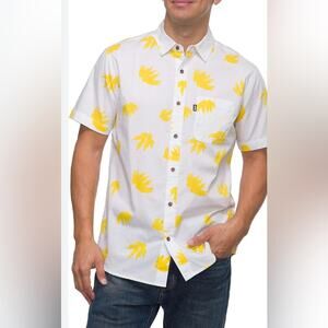 NEW Reef Casual Woven Poplin White and Yellow Shirt Button Up Short Sleeve Sz L